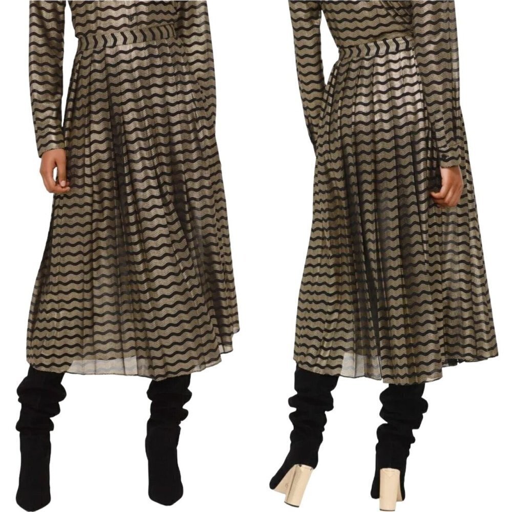 Michael Kors Black & Gold Chevron Print Side Zip Midi Skirt Size 14P NWT